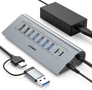 Powered USB Hub 10Gbps, JESWO 9-Port USB 3.2 Hub with USB-C 45W Charging
