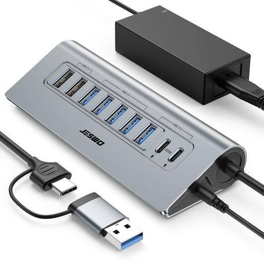 Powered USB Hub 10Gbps, JESWO 9-Port USB 3.2 Hub with USB-C 45W Charging