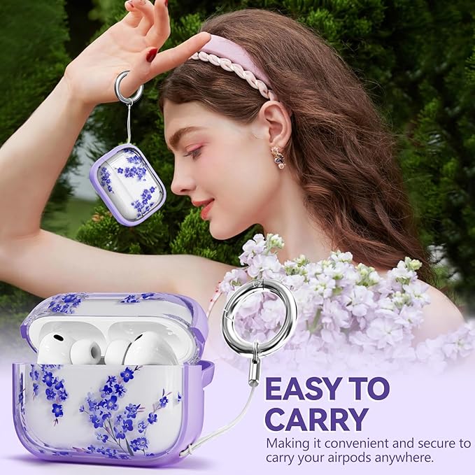 Inesore for AirPods Pro 3 Case 2025 with Lock, for Women Girly Floral Clear Case Compatible with Apple Airpods Pro 3rd Generation Cover, with Phone Stand,Keychain & Cleaner Kit -Purple Flower