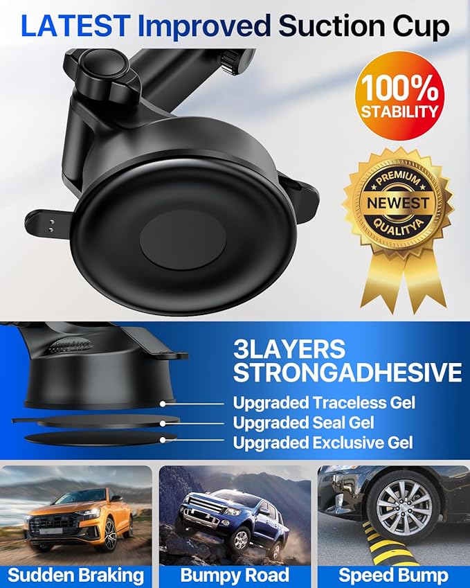 HTU 【98+LBS Strongest Suction & Military-Grade】 2025 Ultimate Car Phone Mount【Patent & Safety Certs】 Cell Phone Holder Truck Stand for Dashboard Windshield Vent for iPhone 17 Pro Max Samsung (Black)