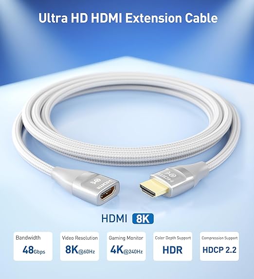 Cable Matters 48Gbps Ultra HD 8K HDMI Extension Cable - 3.3ft / 1m, Supports [8K@60Hz / 4K@240Hz with HDR], HDMI Male to Female Extender Cable, Titanium Silver
