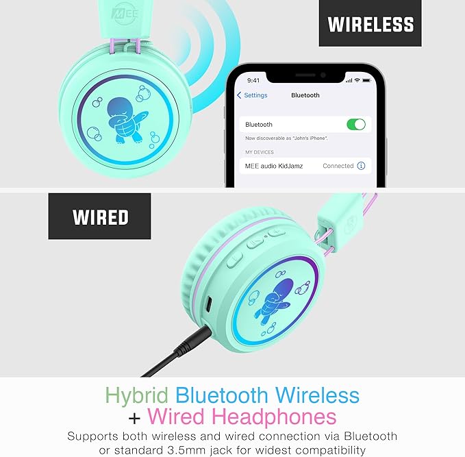 MEE audio KidJamz KJ55BT Personalized Bluetooth Wireless Safe Listening Headphones for Kids w/Custom LED-Backlit Design, Volume Limiter, Microphone; Kids Headset for School/iPhone/iPad/Tablet (Mint)