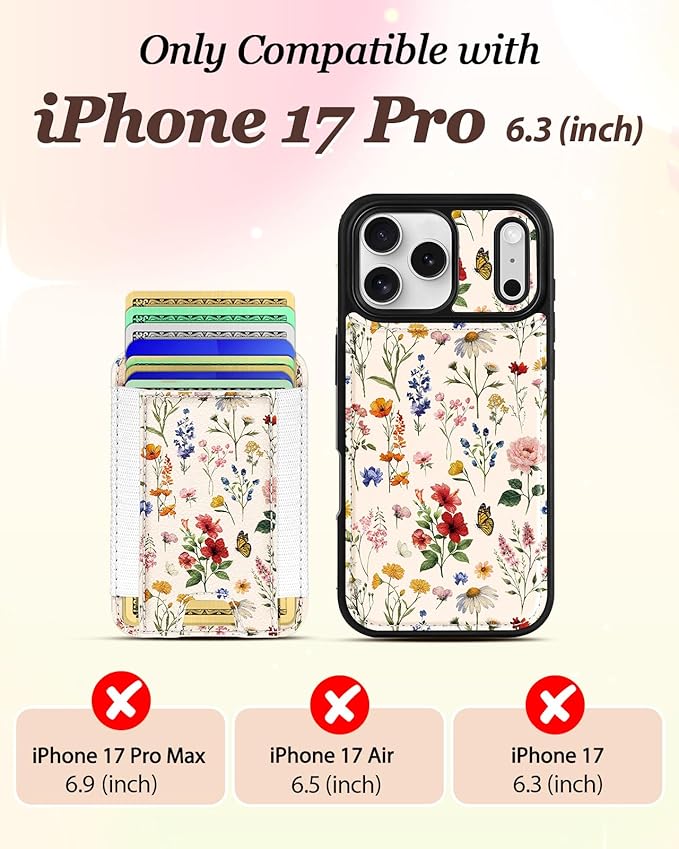 Shorogyt for iPhone 17 Pro Case Wallet - Fits 5 Cards, Compatible with Magsafe Detachable Magnetic Credit Card Holder Leather Cardholder Cute Phone Cover Women Girls for Apple 17Pro, Floral