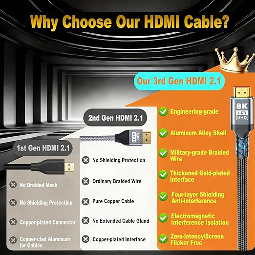 𝟑𝐫𝐝 - 𝐆𝐞𝐧 10K 8K HDMI Cable 2.1, Ultra High Speed HDMI Cable Braided Cord, HDMI Cables 48Gbps (8K@60Hz 7680x4320, 4K@120Hz) Supports Dynamic HDR 10 eARC 3D, Dolby Atmos Compatible (30 Feet)