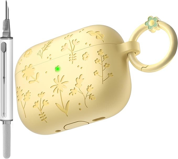 for AirPods Pro 3 Case (2025) DamonLight Floral Engraved Shockproof Protective Soft Silicone Case Cover with Cleaning Pen and Floral Keychain for Apple Airpods Pro 3rd Generation (Yellow)