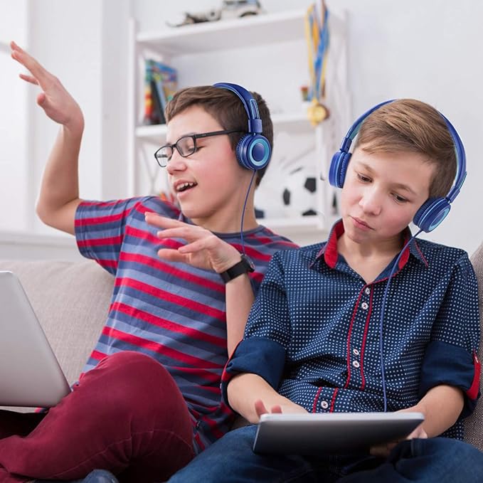 P10 Kids Stereo Headphones with Microphone for Children Boys Girls,Adjustable 85dB/94dB Volume Control Foldable On-Ear Headphone for School/PC/Cellphone(Blue)