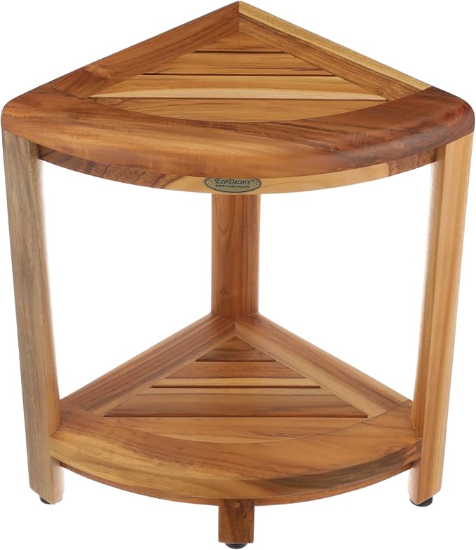 EcoDecors Fully Assembled SnazzyCorner® 18" Teak Shower Bench, Corner Shower Stool, w Shelf in Earthy Teak Finish, Compact Fit for Small Bathrooms & Walk-in Showers – Slip-Resistant Feet, Sauna Bench