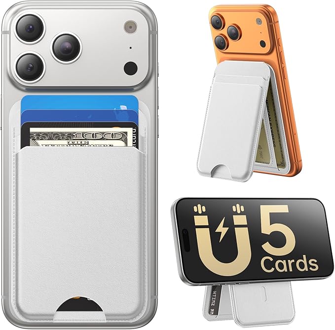 for MagSafe Wallet with Stand, 5 Card Holder, Slim Leather Magnetic Wallet for iPhone 17/16/15/14/13/12 Pro Max Plus Air Series, 3 Card Slots & 1 Cash Slot,White