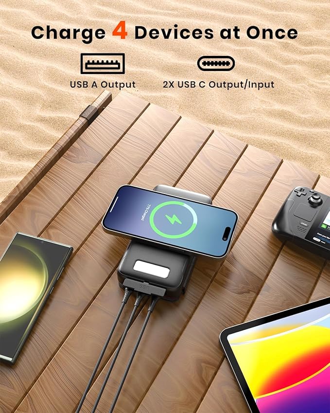 FEELLE Solar Charger Power Bank, 27000mAh Wireless Portable Charger with 4 Solar Panels, 22.5W Fast Charging External Battery Pack USB-C in/Output PD+QC 4.0 Portable Power Bank for Smartphone