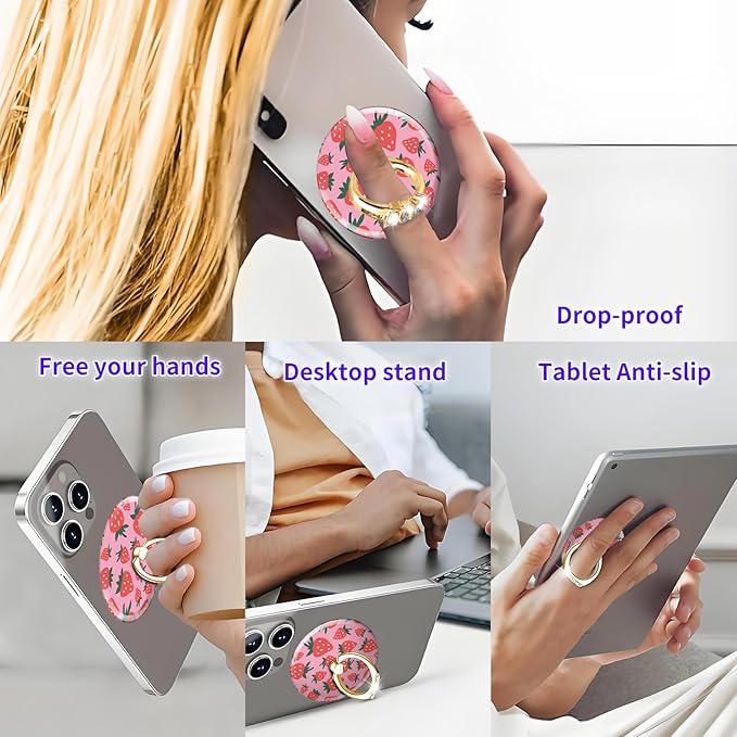 Magnetic Phone Ring Holder Compatible with MagSafe, Cute Phone Grip Stand with 360° Rotation Gold Glitter Finger Ring Kickstand Accessories for Most Phones Pink Red Strawberry
