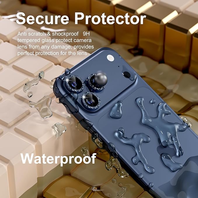 Misea Compatible for iPhone 17 Pro/iPhone 17 Pro Max Camera Lens Protector Bling, 9H Tempered Glass Camera Cover Screen Protector Metal Individual Ring Decoration Accessories, Blue Glitter