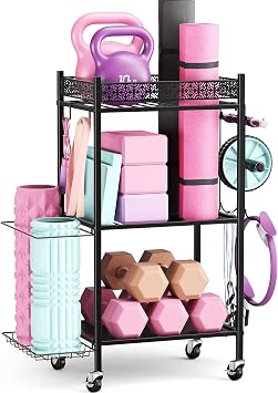 VOPEAK Home Gym Storage Rack, 3-Tier Yoga Mat Storage with Wheels & Hooks