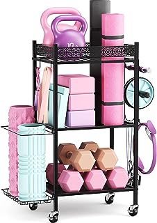 VOPEAK Home Gym Storage Rack, 3-Tier Yoga Mat Storage with Wheels & Hooks
