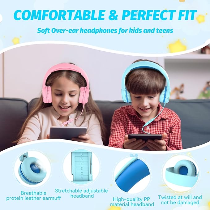 Kids Headphones with Cord for School, 85/94dB Volume Limit Headphones for Kids, Portable Wired Headphone with Shareport, Stereo Sound Foldable Headset for School/Tablet/iPad/Kindle (Cyan)