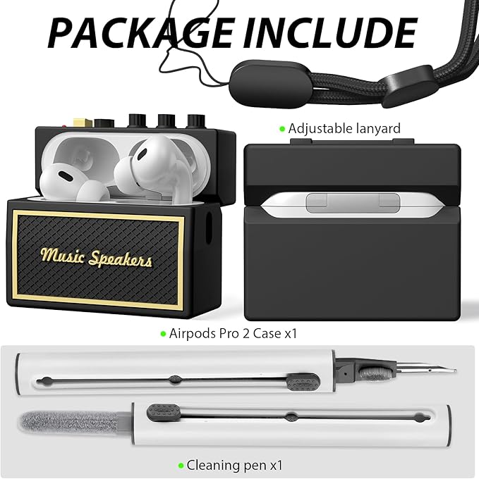 FILOTO AirPods Pro 2nd Generation Case Cover with Cleaner Kit, Airpod pro case Guitar amp Retro Audio Design Soft Silicone Protective Cover for AirPods Pro 2 Case with Lanyard (2023/2022) Black