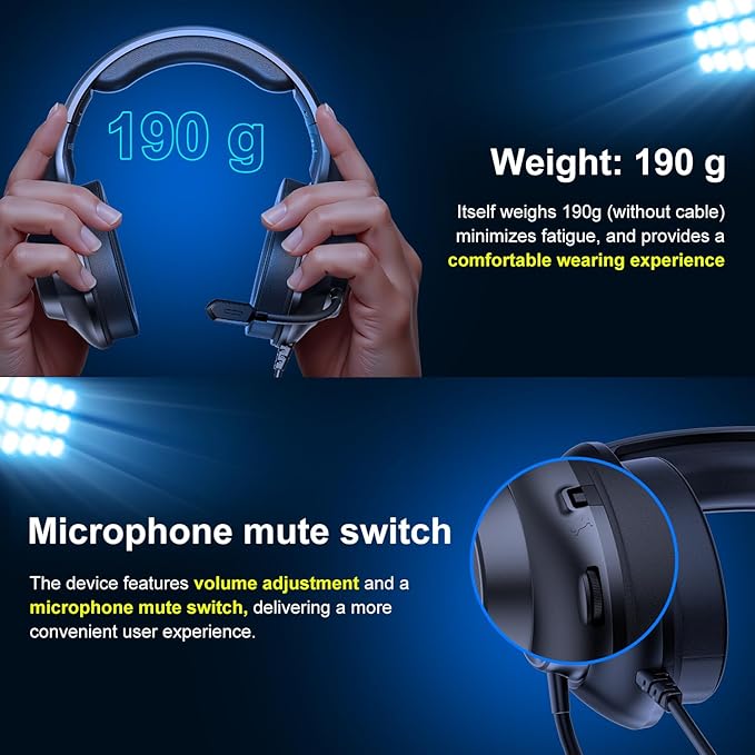 Gaming Headset for PS5 PS4 PC, Wired Headsets with 7.1 Surround Sound, H-7 Gaming Over Ear Headphones with Noise Cancelling Flexible Mic Memory Earmuffs, for PC/PS5/PS4/XboxSeries X/S/Switch（Black）