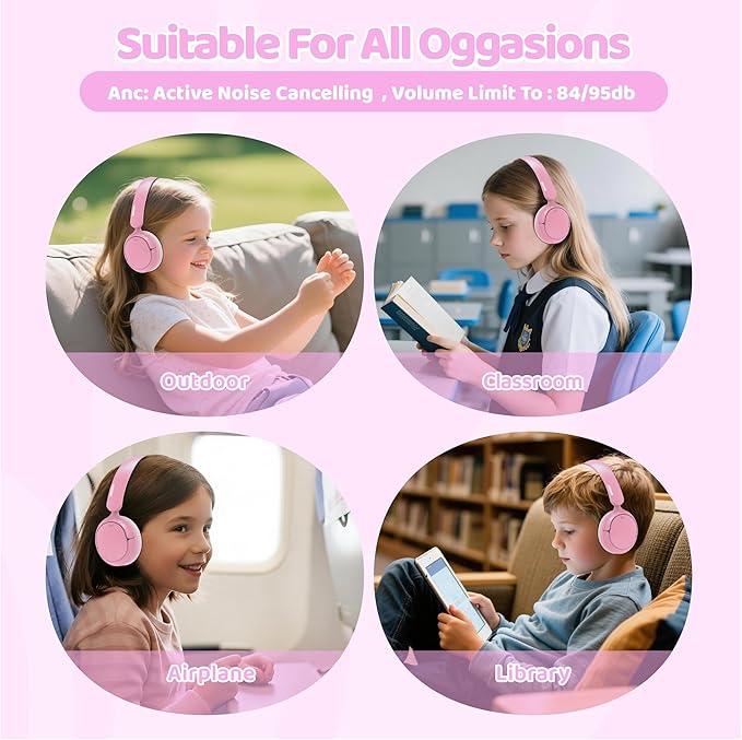 MIDOLA Kids Bluetooth Headphones Active Noise Cancelling,Volume Limited 85/94dB,Over Ear Foldable with Mic Aux Cord,Lightweight Wireless Headphone for Kid Toddler Child Pad Tablet Pink