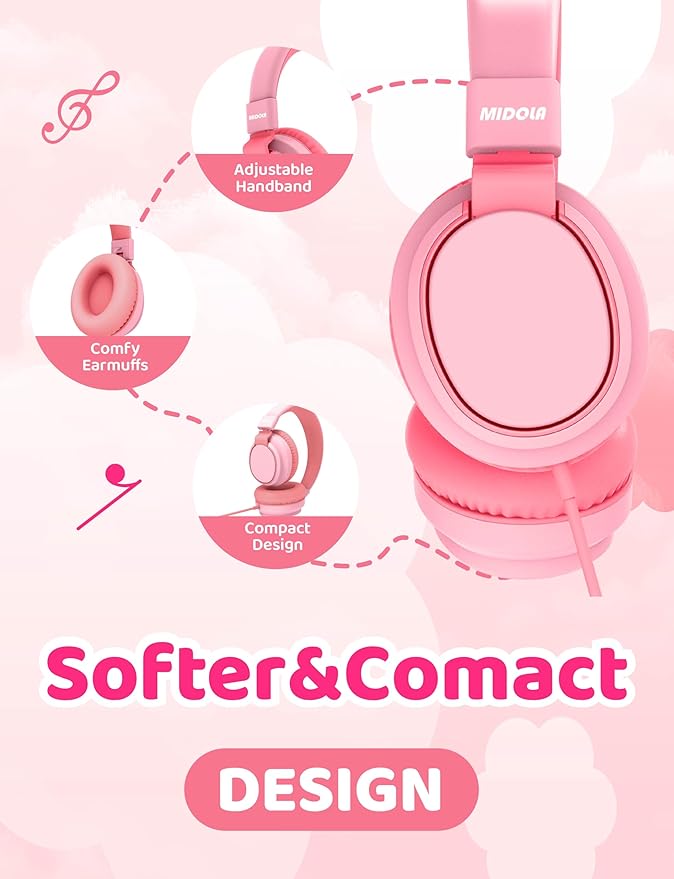 MIDOLA Kids Headphone Wired Volume Limited 85/94dB Over-Ear/On-Ear Foldable Headset with Microphone Hearing Protection Headphones for Toddler Boy Girl Child School Learning Pad Tablet Pink
