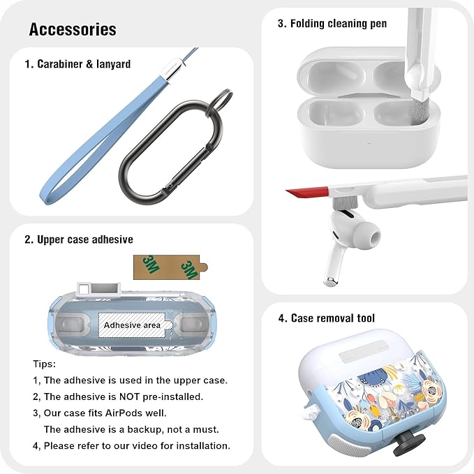 WENEW for AirPods Pro 3 Case (2025) Cover Secure Lock Automatic Snap Switch Clip Cleaner Kit Lanyard Women Stylish Flower Hard Shell Full Body Front LED Visible (Blue, AirPods Pro 3)