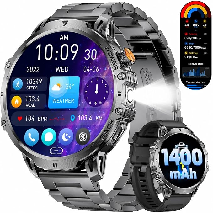 LIGE Military Smart Watches for Men(2 Bands),1400mAh/1.85" HD Large Screen Smartwatch, Flashlight/110+ Sports Modes/Sleep Monitor, Fitness Tracker Watch for Android iOS,Black