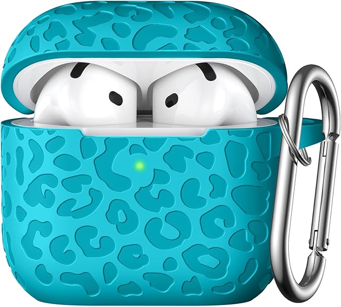 Leopard Engraved for AirPods 4 Case Cover 2024,Soft Silicone Protective Case Compatible with Apple AirPods 4th Generation Case for Women,Cute AirPod 4 Case Accessories with Keychain (Teal)