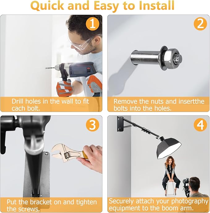 MACTREM Ring Light Wall Mount,44’’/110cm Wall Mounting Triangle Boom Arm for Strobe Light, Photography, Softbox, Reflector,Umbrella,Studio Video Light, Support 180°Rotation