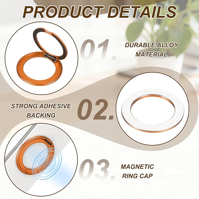 PATIKIL 2Pcs Phone Ring Holder, Metal 360 Rotation Magnetic Phone Grip Holder Stand with Adhesive Backing Smartphone Finger Grip Kickstand for Tablet Case Car Mount Accessory, Orange