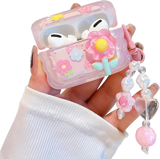 Cute Airpod Pro 2 / Airpod Pro Case 3D Flower with Keychain Clear Hard TPU Protective Cover Compatible with AirPods Pro 2nd/1st Generation Case for Girls Women (Floral Pink)