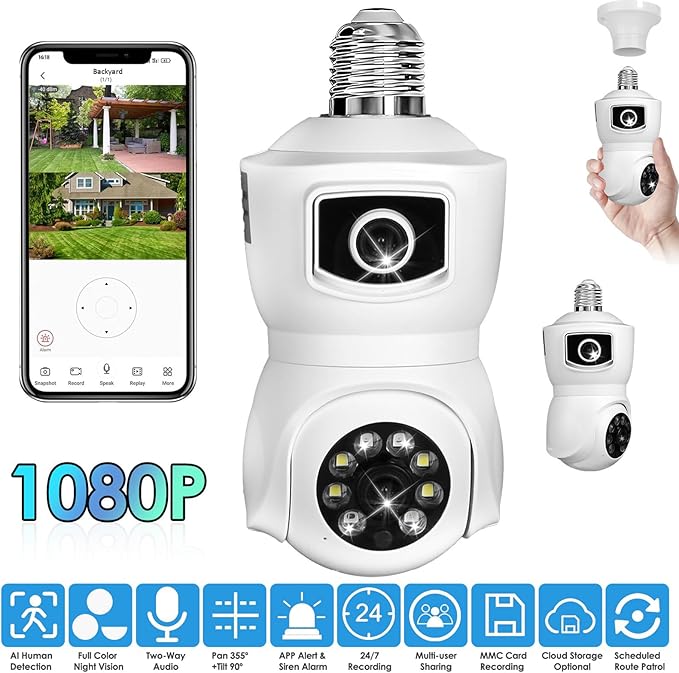 Light Bulb Security Cameras Wireless, 2.4GHz WiFi Light Socket Cam, E27 360° Light Socket Camera for Home Security, Night Vision, 2-Way Talk, Siren Alarm, Motion Detection