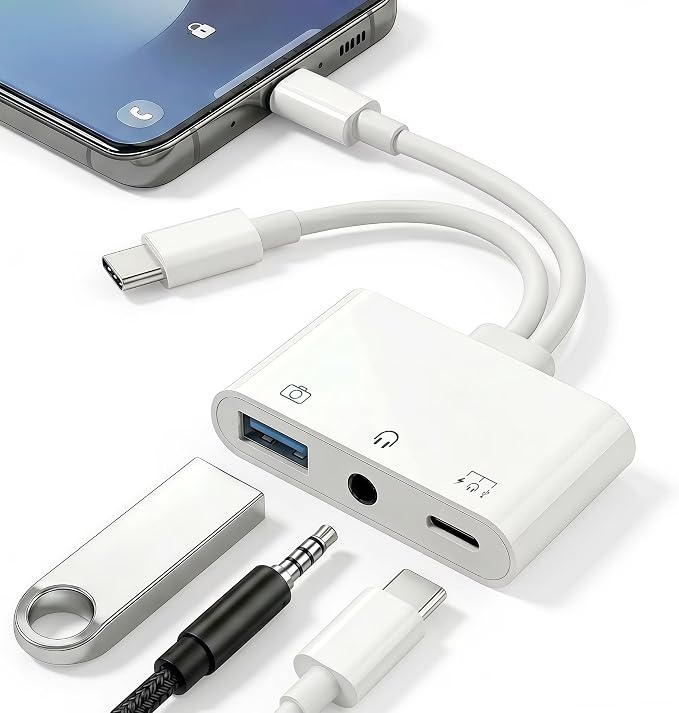 USB-C & Lightning to 3.5mm Audio Jack Adapter, Lightning to USB C Adapter with USB-A OTG Port and 3-in-1 USB-C Port for Charging, Data Transfer & Aux Audio, Compatible with iPhone17 iPad Galaxy S26