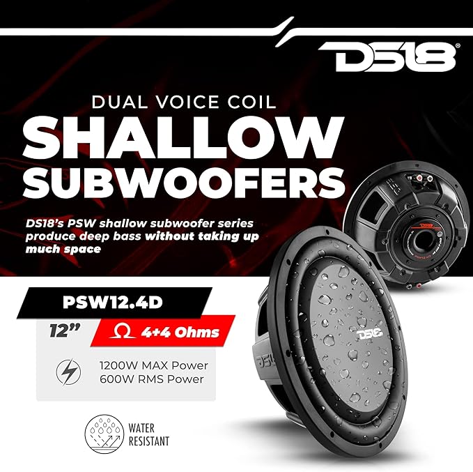 DS18 PSW12.4D 12" Shallow Mount Subwoofer 1200 Watts Max Power 600 Watts RMS Dual Voice Coil 4+4 OHMS Water Resistant - Best Sub for Tight Spaces in Car & Trucks - 1 Speaker
