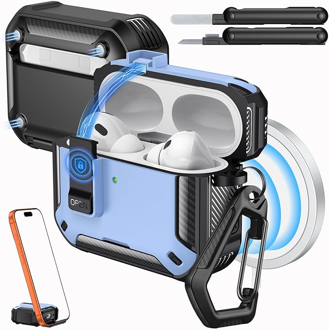 MoKo for AirPods Pro 3 Case with Lock 2025 - Compatible with MagSafe, Phone Stand & Auto Pop-up for AirPods Pro 3rd Generation Case, Military-Grade Protective Cover with Cleaner Kit, Light Blue+Black