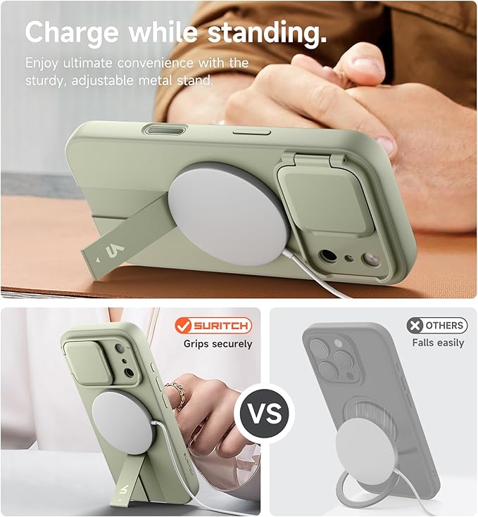 SURITCH for iPhone 17 Pro Case with Camera Control Cover, Camera Cover and Adjustable Kickstand, Compatible with MagSafe, Shockproof Bumper Protective Cases 6.3 Inch, Green