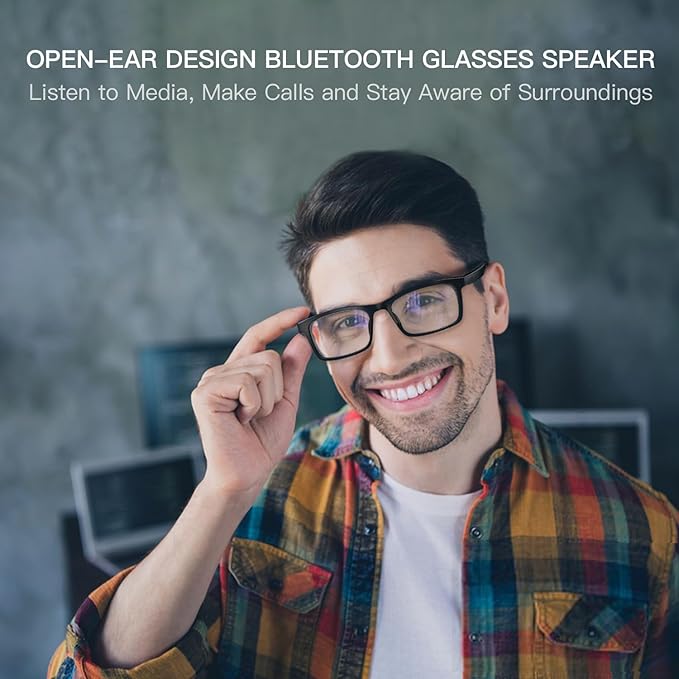 Smart Glasses, Anti-Blue Light Bluetooth Glasses, Built-in Mic and Speakers, Open Ear Music and Hands-Free Calls, Touch and Voice Assistant Compatibility, 100h Long Battery Standby Time