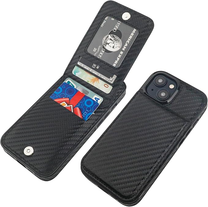 KIHUWEY Compatible with iPhone 15 Case Wallet with Credit Card Holder, Flip Premium Leather Magnetic Clasp Kickstand Heavy Duty Protective Cover for iPhone 15 6.1 Inch (Carbon Black)