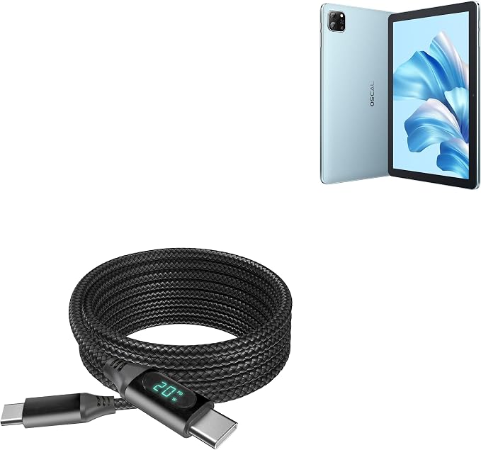 BoxWave Cable Compatible with Blackview Oscal Pad 60 - PowerDisplay PD Cable (6ft) - USB-C to USB-C (100W), LED Wattage Info Extra Long Braided Nylon - Jet Black