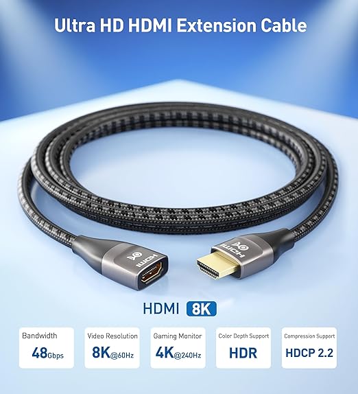 Cable Matters 48Gbps Ultra HD 8K HDMI Extension Cable - 1ft / 0.3m, Supports [8K@60Hz / 4K@240Hz with HDR], HDMI Male to Female Extender Cable, Graphite Black