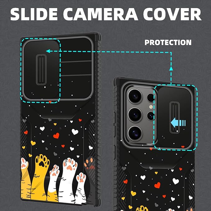 for Galaxy S25 Ultra Case Built in Slide Camera Lens Cover,Heavy Duty Shockproof Protection Dual Layer Case for Samsung Galaxy S25 Ultra 6.9" 2025,Cute Cat Paw Heart