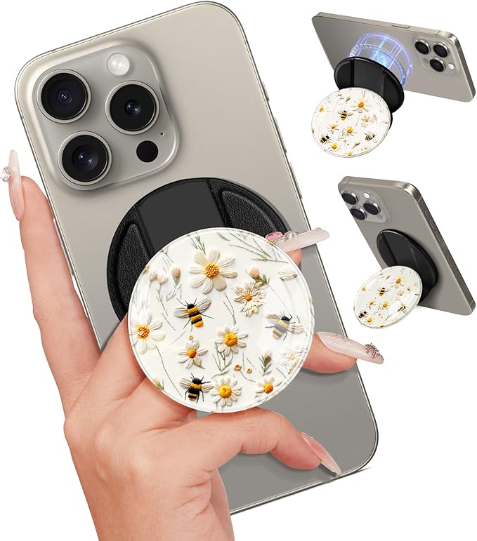 Kidcube Magnetic Phone Grip Compatible with Magsafe - Cell Phone Grip Stand Ring Holder Magnet Kickstand Removable Accessories for iPhone 16 Pro Max/16/15/14/13/12 Series Cute Girly Bee Flowers