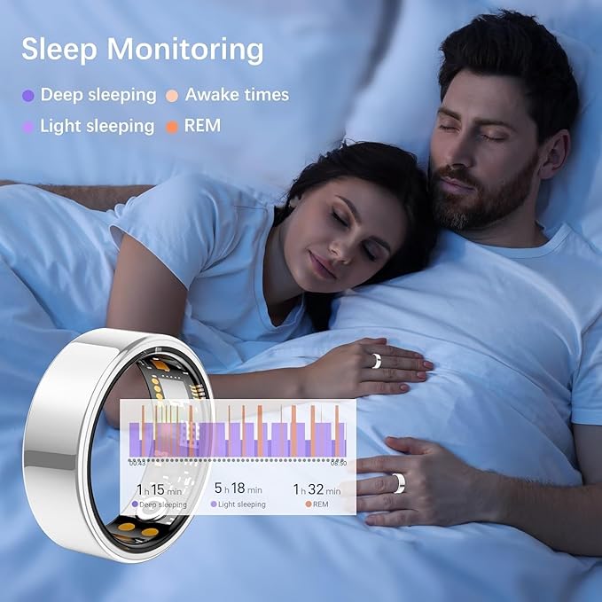 Ring Health Tracker for Women Men, Fit Ring with Heart Rate, Blood Oxygen, Sleep Monitor, Calories, Step Counter, IP68 Waterproof Smart Ring for iPhone & Android, No Subscription Fee (Silver, 8#)