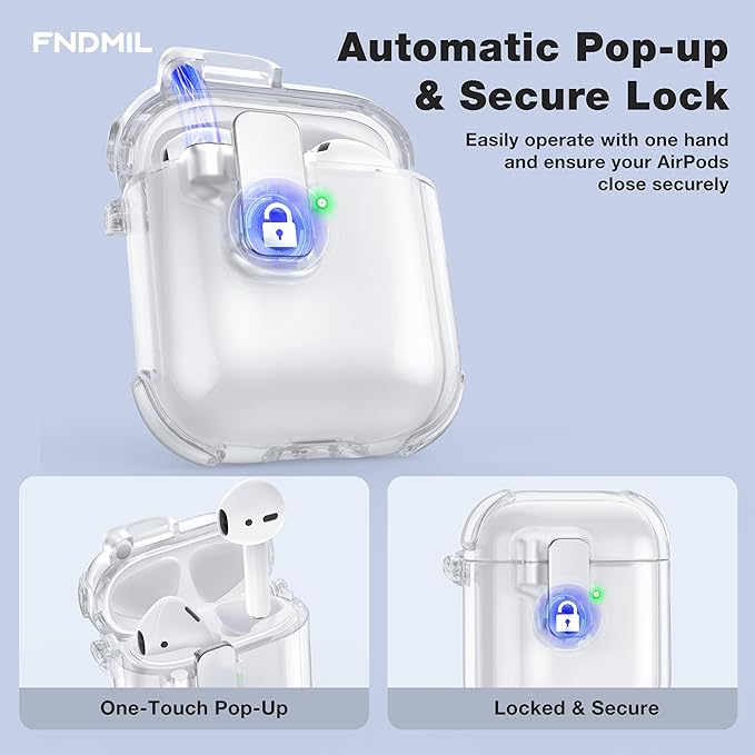 Case for AirPods 1/2 Case Cover with [Lock Safety & Pop Up][Military Shockproof] Anti-Yellow Transparent Soft TPU Wireless Charging for AirPods 1st/2nd Generation Case with Keychain,Clear