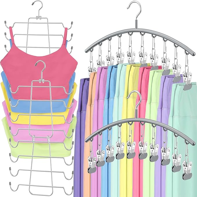 TomCare 2 Pack Tank Top Hanger and 2 Pack Leggings Organizers Space Saving Sport Bras Organizer Metal Yoga Pants Hangers with 20 Clips Hanging Closet Organizers and Storage, Grey