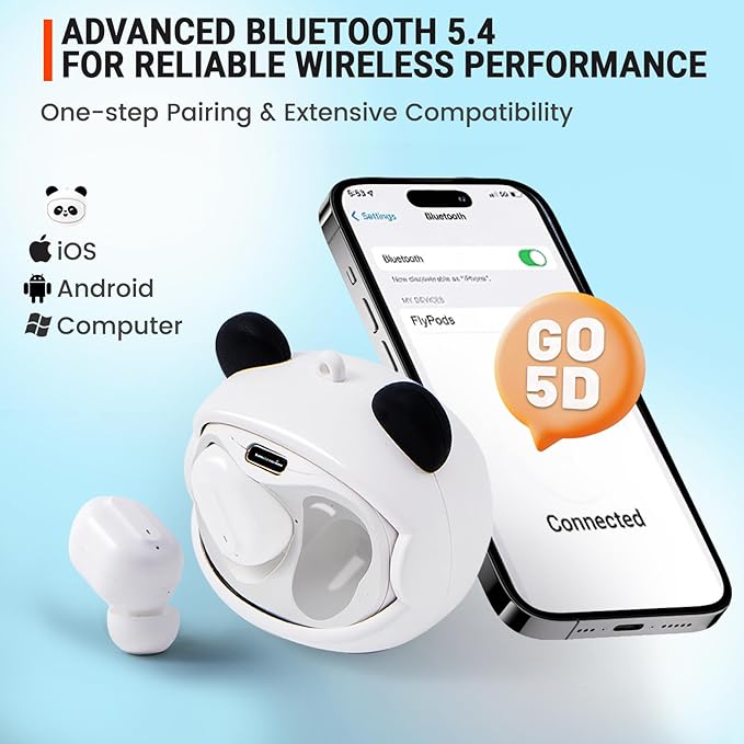 Kids Wireless Earbuds with Rotating Chaging Case Wireless Bluetooth Earbuds for Kids, Kid Ear Buds with Mic, 88dB Safe Volume, Earphones Earpods in-Ear for Android iOS Cell Phone Laptop, Panda
