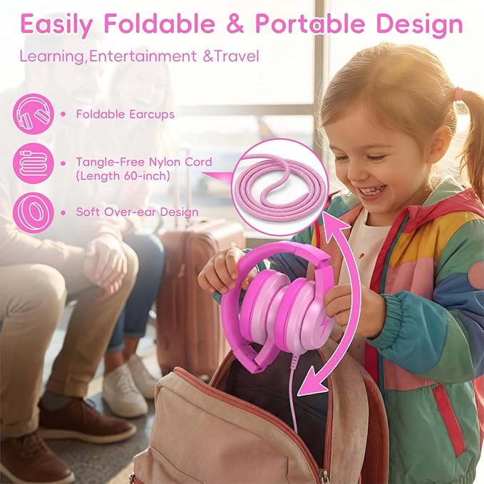 Wired USB C Kids Headphones, 85dB Safe Volume Limit, HD Stereo Sound, Adjustable Headband, Foldable Over-Ear Design for School/Travel/Boys/Girls/iPad/Tablet (Gradient Rose Pink,No Mic)