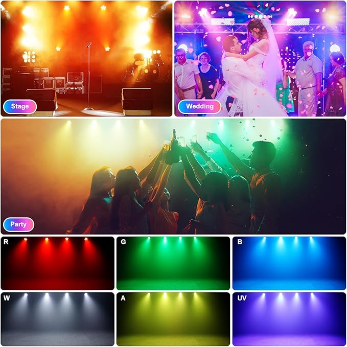 Battery Powered Stage Lights, LED Par Lights RGBWA+UV 60W, Rechargeable Par Can Light with 5500mAh Battery, Remote DMX Sound Activated Uplights for Events, Party, Wedding, Concert - 4Pcs