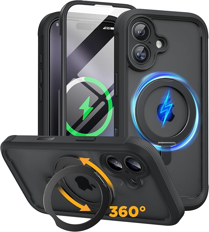 Miracase for iPhone 16 Case with 360° Magnetic Ring Stand [Compatible with Magsafe] Full-Body Drop Proof Bumper Phone Case with Built-in 9H Tempered Glass Screen Protector,Black