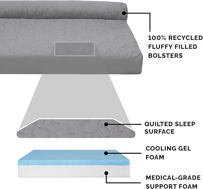 Furhaven Cooling Gel Dog Bed for Medium/Small Dogs w/ Removable Bolsters & Washable Cover, For Dogs Up to 35 lbs - Pinsonic Quilted Paw L Shaped Chaise - Titanium, Medium