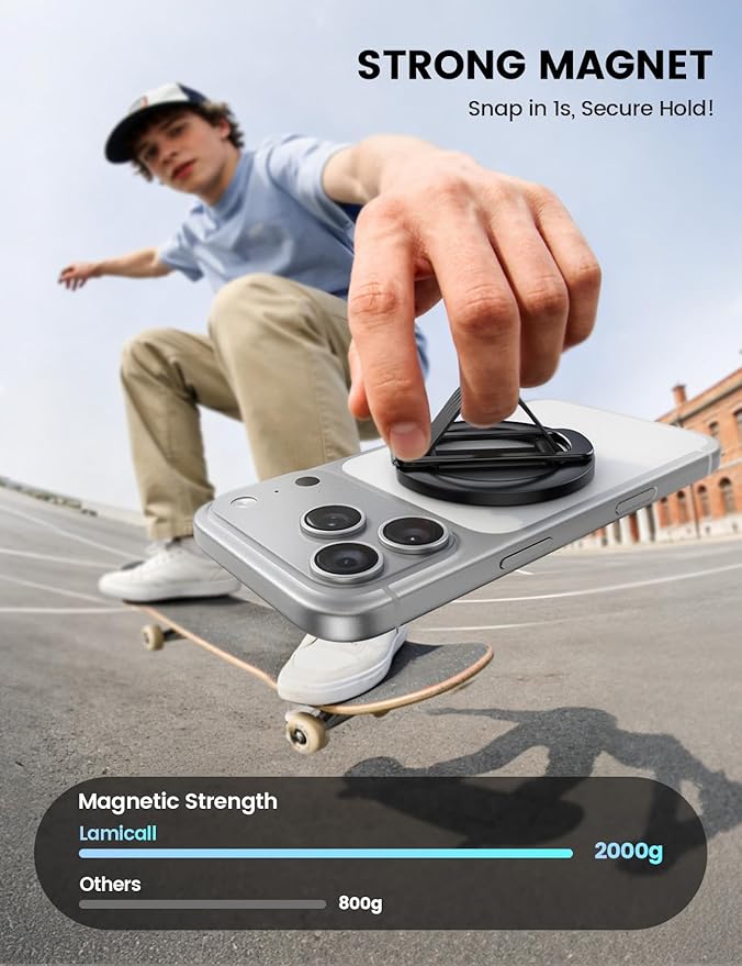 Lamicall Magnetic Phone Grip Holder for MagSafe - [Soft Silicone Loop] Vertical Cell Phone Zinc Alloy Ring Stand Kickstand, Magnet Finger Grip for iPhone 17/16/15/14/13/12 Series, Other Use Metal Ring