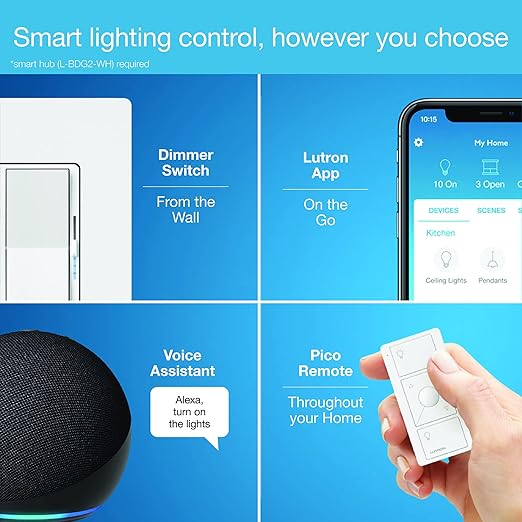 Lutron Diva Smart Dimmer Light Switch for Caseta Lighting (Lutron Smart Hub Required), for LED Lights, 150W, Single-Pole/3-Way, No Neutral, White, 9 Pack