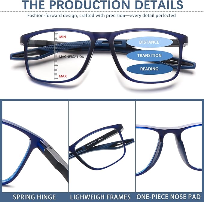 CLASAGA Progressive Multifocal Reading Glasses for Men Photochromic Gray Sunglasses Sports Style Blue Light Blocking Readers